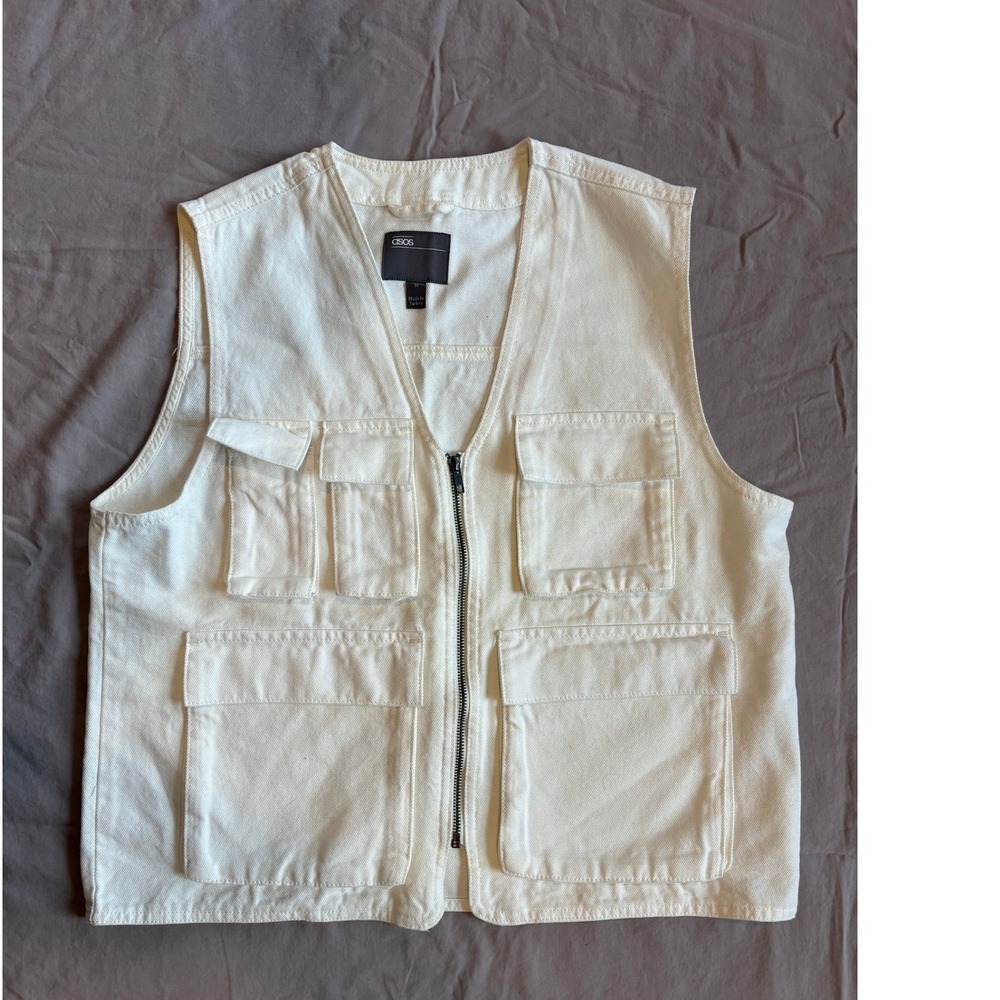 ASOS Mens Utility Vest Off White Denim Cargo Tactical Gilet Jacket Size Medium